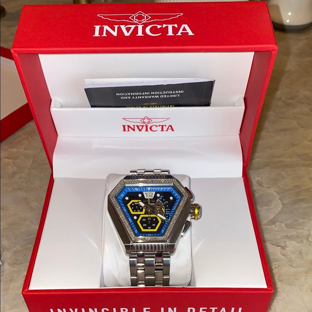 Invicta Silver and Blue Hexagonal Watch